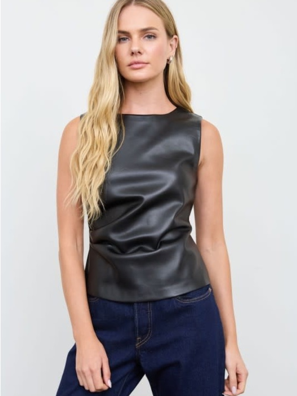 Faux Leather Ruched Top Black